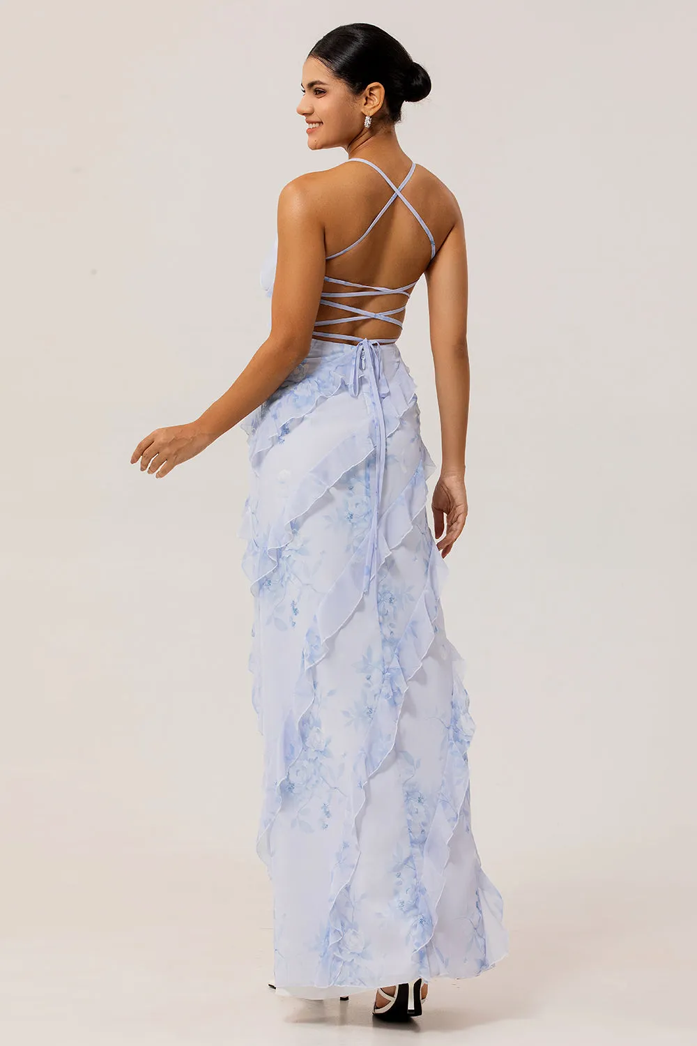 Blue Floral Ruffled Sheath Printed Maxi Dress sold by Zapaka product image thumbnail 2