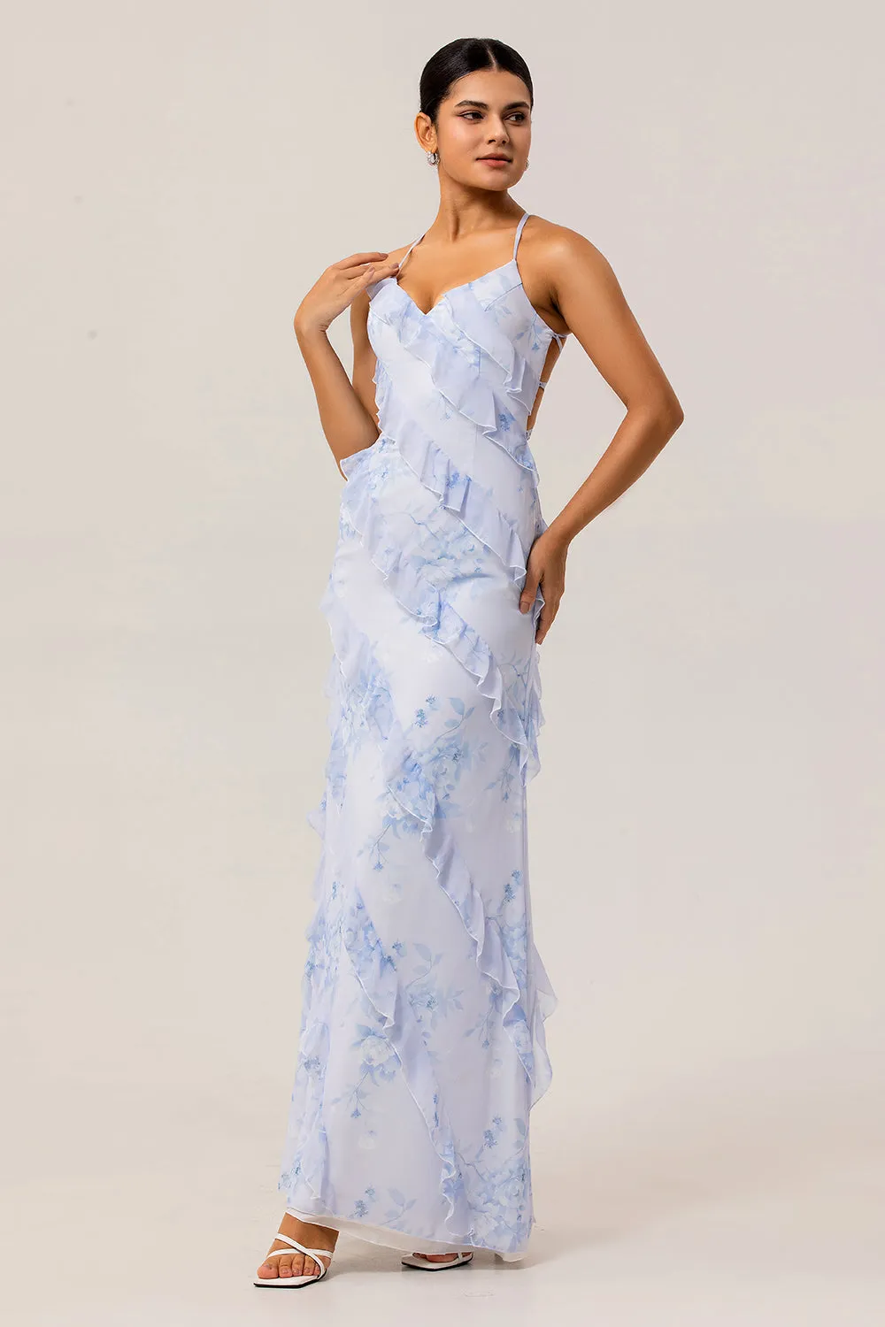 Blue Floral Ruffled Sheath Printed Maxi Dress sold by Zapaka product image thumbnail 3