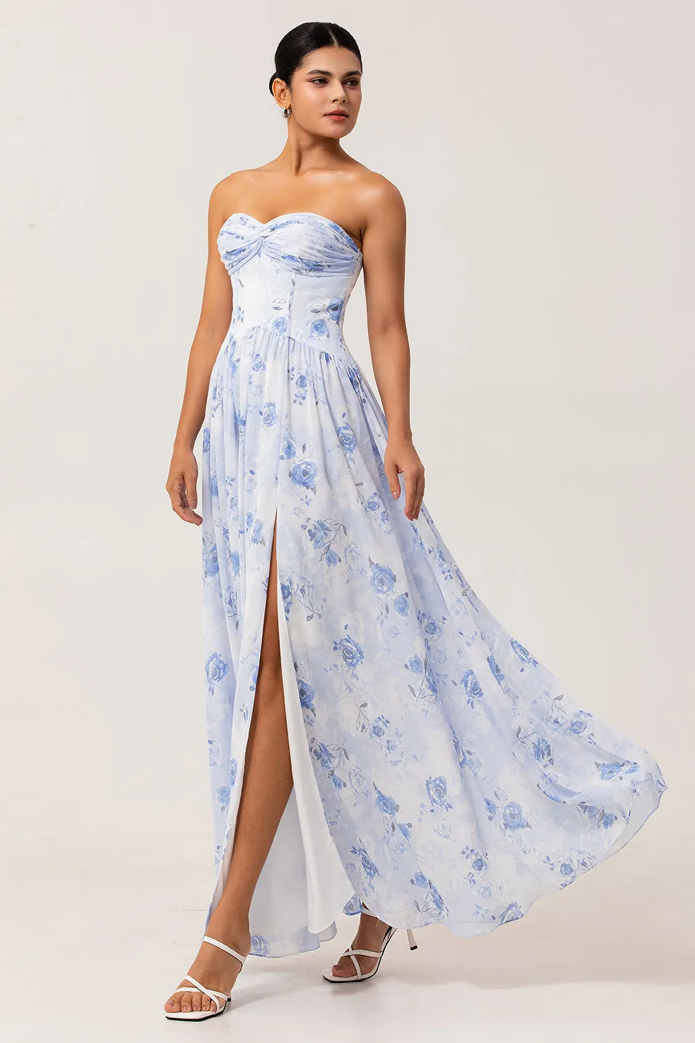 Blue Floral Strapless A Line Chiffon Maxi Dress with Slit sold by Zapaka product image thumbnail 5