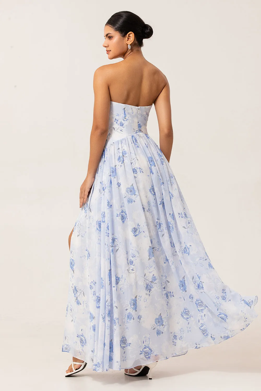 Blue Floral Strapless A Line Chiffon Maxi Dress with Slit sold by Zapaka product image thumbnail 2