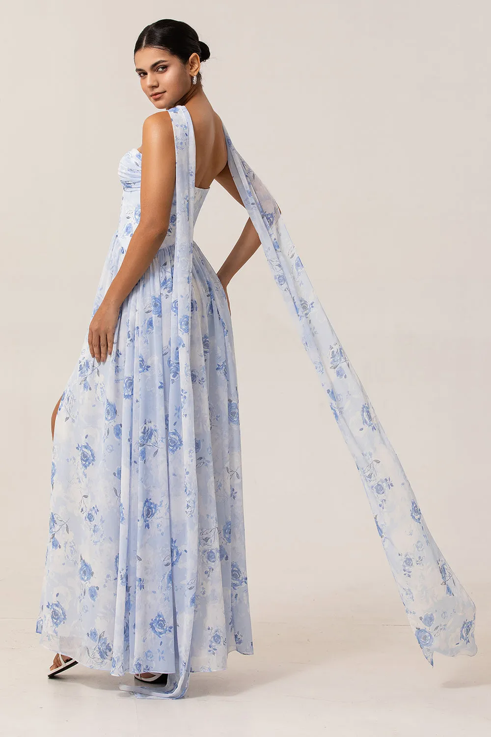 Blue Floral Strapless A Line Chiffon Maxi Dress with Slit sold by Zapaka product image thumbnail 4