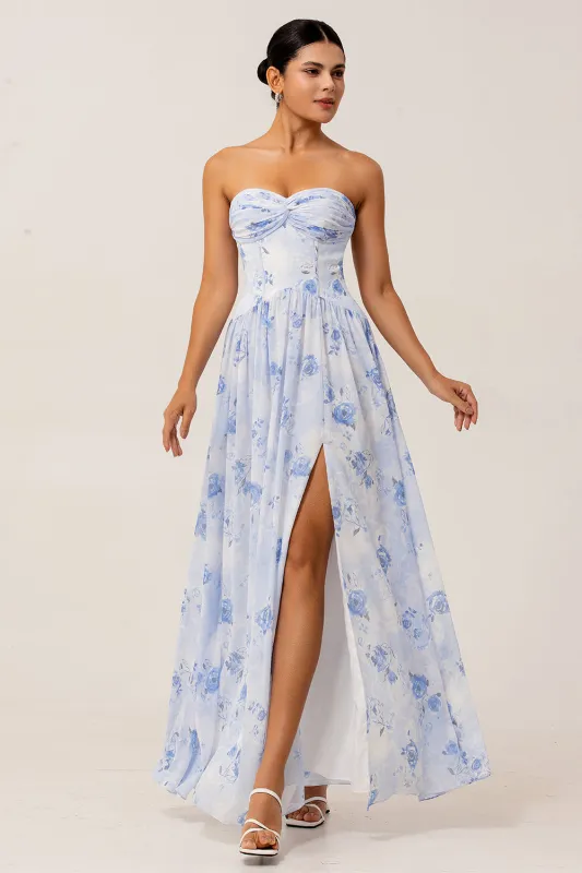 Blue Floral Strapless A Line Chiffon Maxi Dress with Slit made by Zapaka