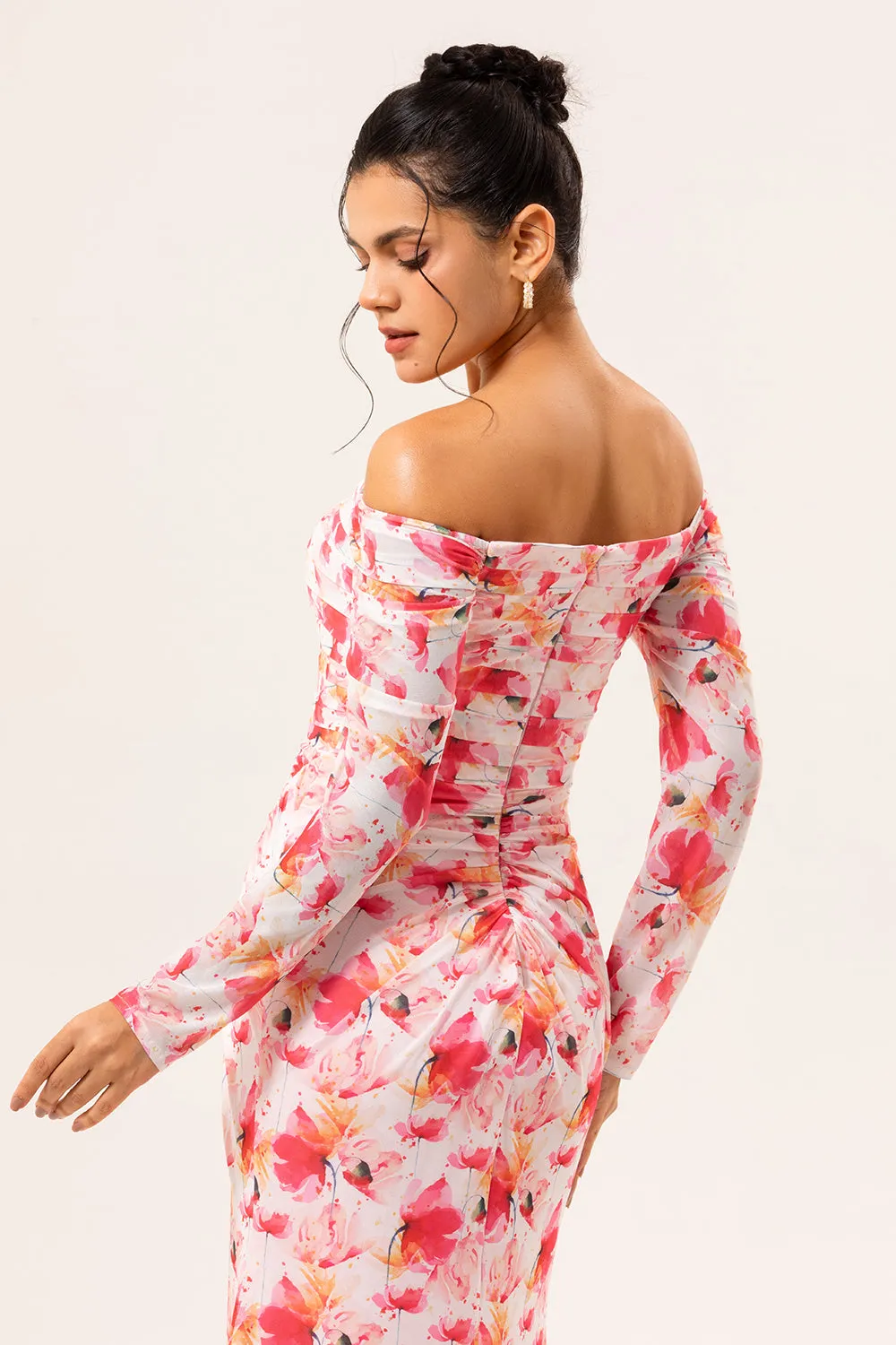 Pink Floral Sheath Off The Shoulder Maxi Dress sold by Zapaka product image thumbnail 5