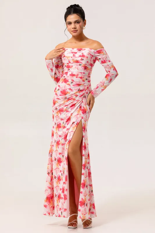 Pink Floral Sheath Off The Shoulder Maxi Dress made by Zapaka