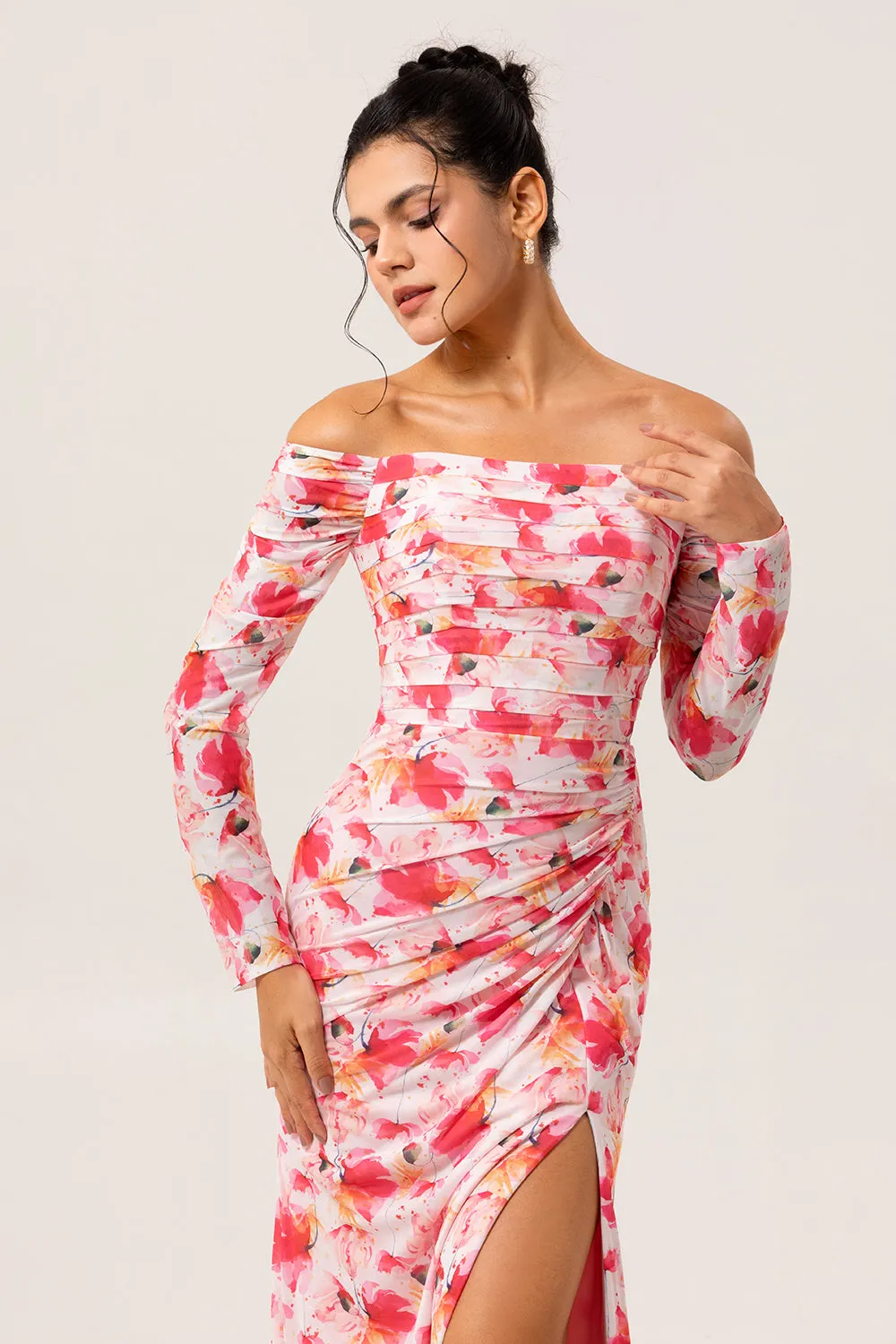 Pink Floral Sheath Off The Shoulder Maxi Dress sold by Zapaka product image thumbnail 4