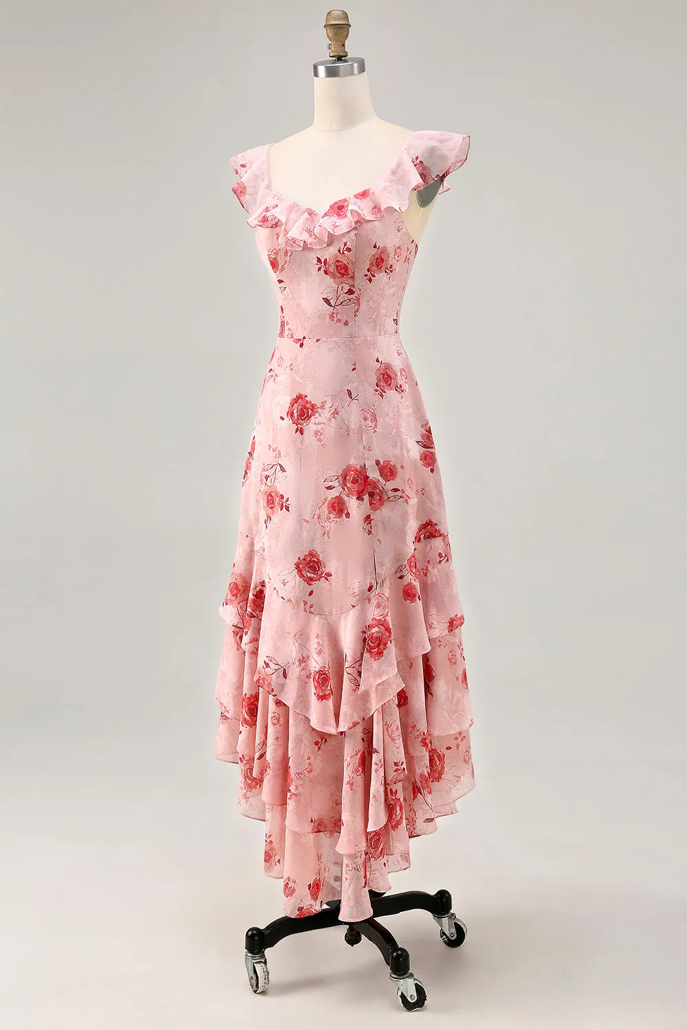 Printed Pink Flower A Line Ruffled Maxi Dress sold by Zapaka product image thumbnail 3