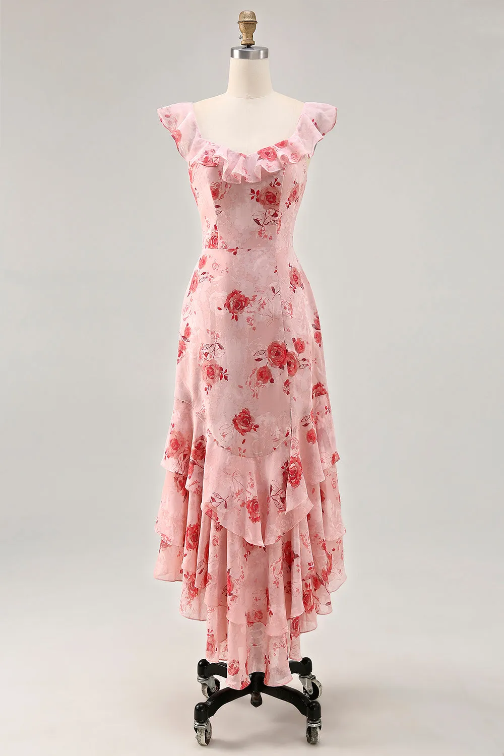 Printed Pink Flower A Line Ruffled Maxi Dress sold by Zapaka
