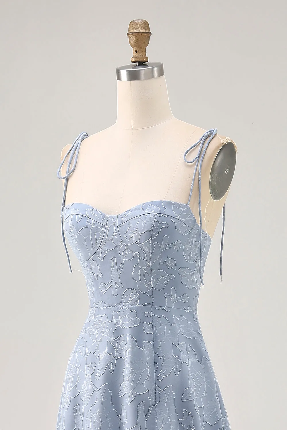 Dusty Blue A Line Spaghetti Straps Floral Midi Dress with Slit sold by Zapaka product image thumbnail 5