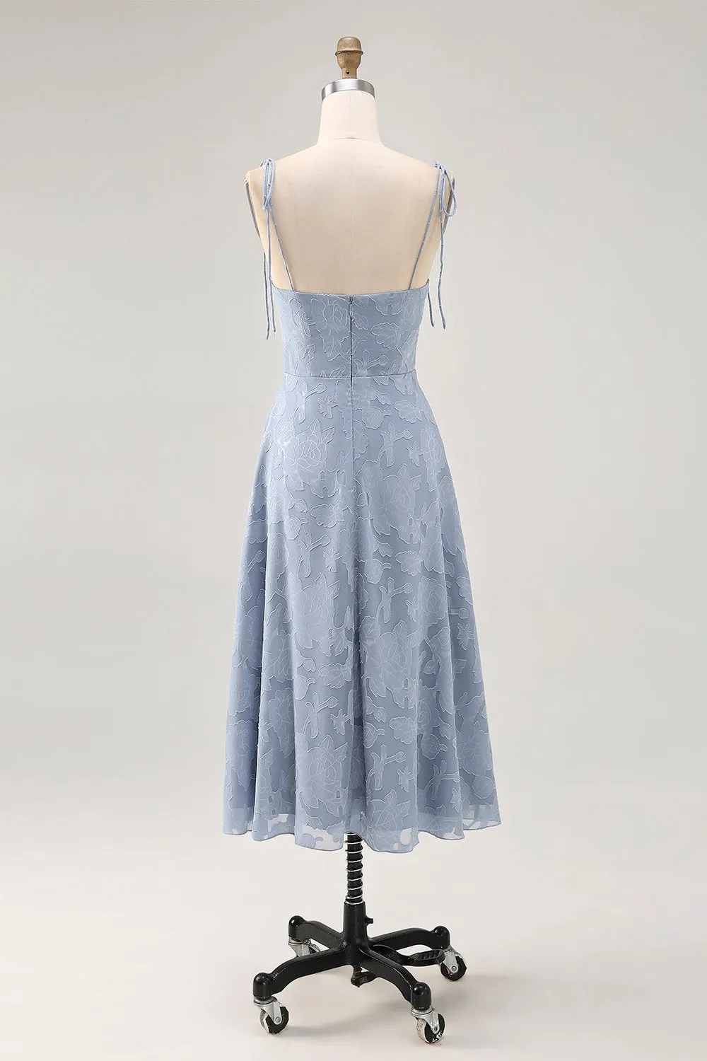 Dusty Blue A Line Spaghetti Straps Floral Midi Dress with Slit sold by Zapaka product image thumbnail 2