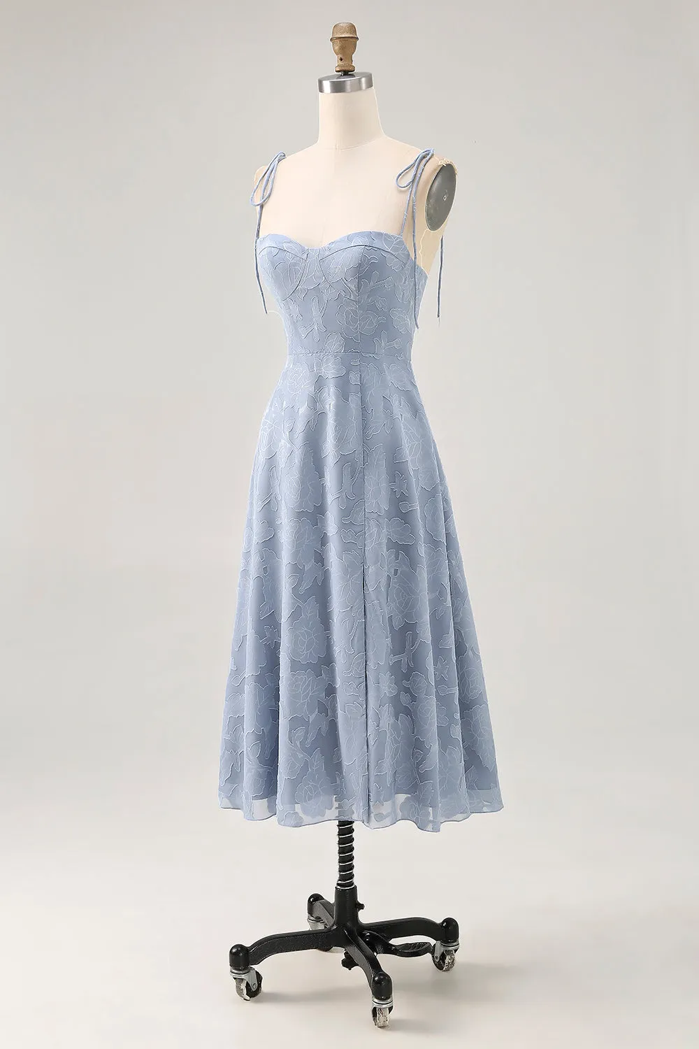Dusty Blue A Line Spaghetti Straps Floral Midi Dress with Slit sold by Zapaka product image thumbnail 3