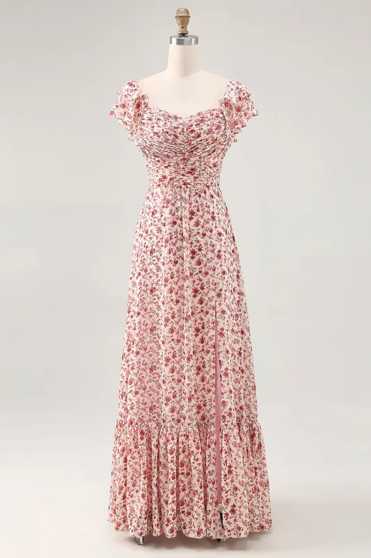 Blush Flower Printed Ruched A Line Maxi Dress with Slit made by Zapaka