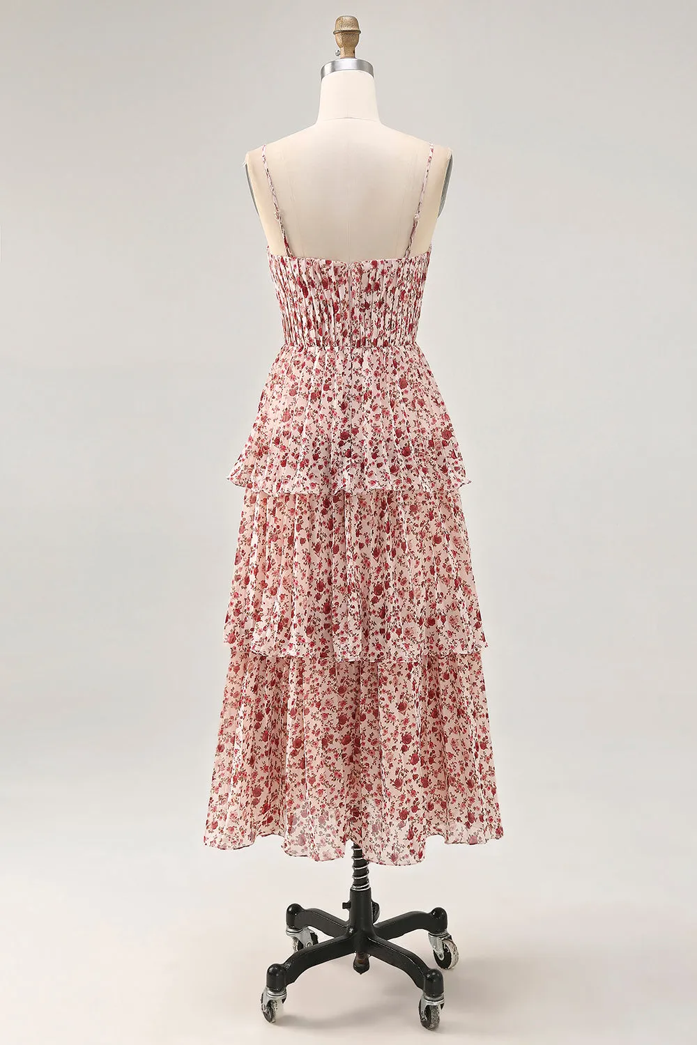 Blush Flower A Line Spaghetti Straps Printed Tiered Midi Dress sold by Zapaka product image thumbnail 2