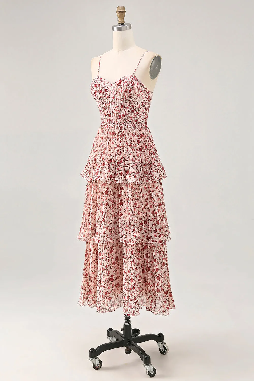Blush Flower A Line Spaghetti Straps Printed Tiered Midi Dress sold by Zapaka product image thumbnail 3
