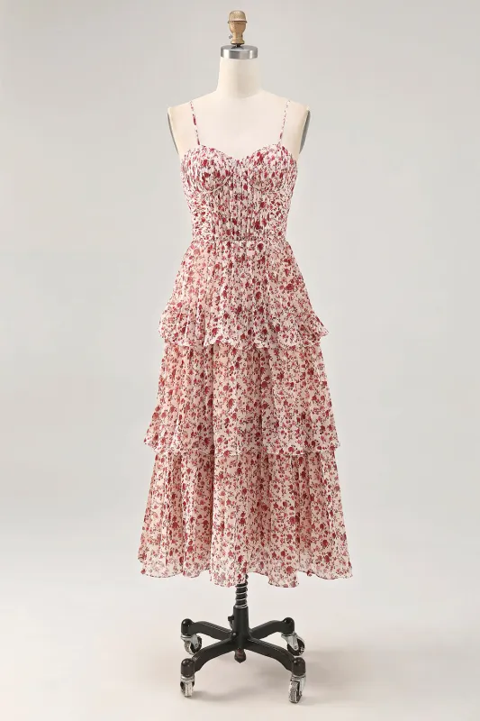 Blush Flower A Line Spaghetti Straps Printed Tiered Midi Dress made by Zapaka