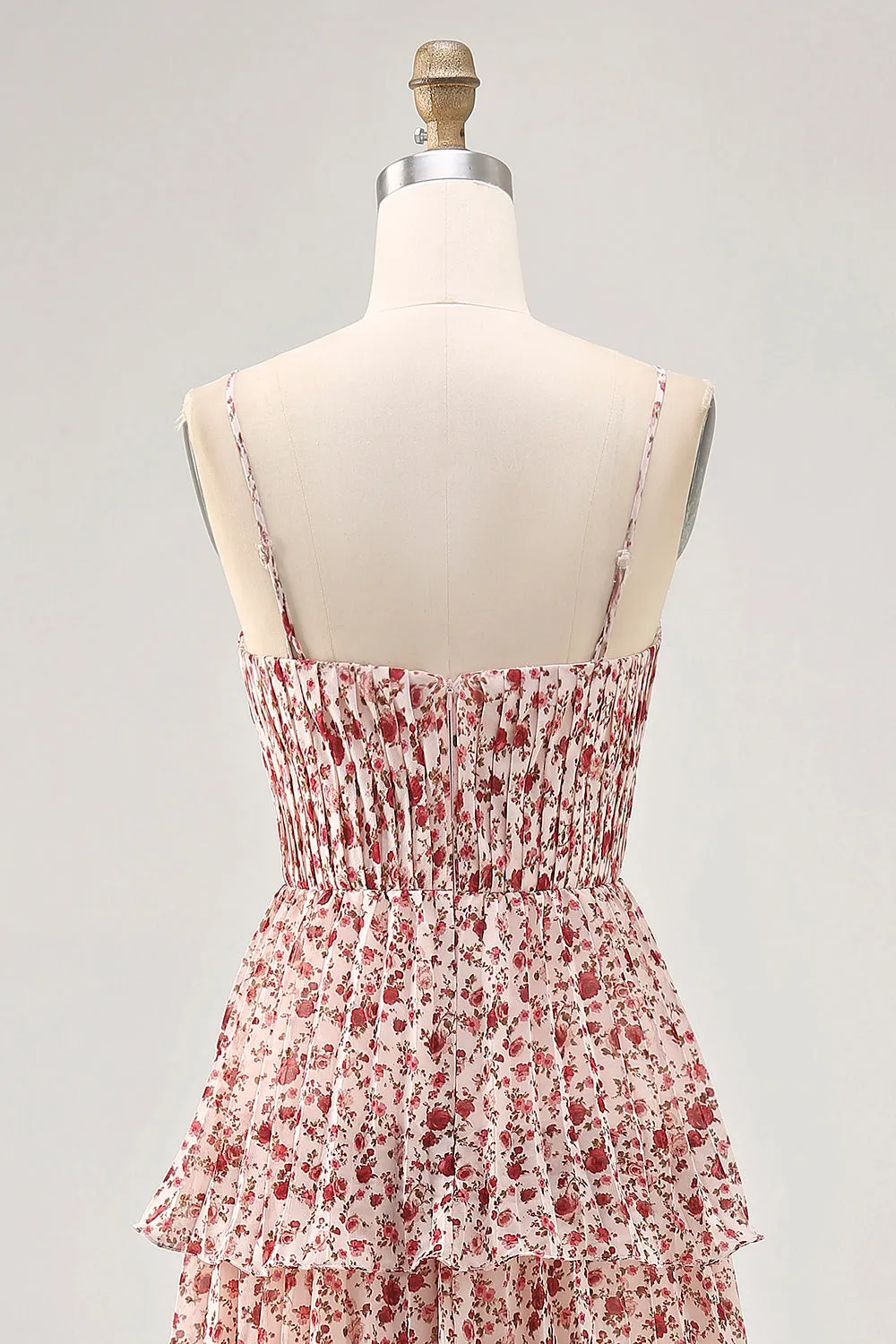 Blush Flower A Line Spaghetti Straps Printed Tiered Midi Dress sold by Zapaka product image thumbnail 5