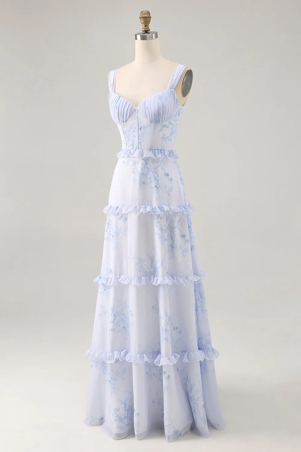 Blue Flower Ruffled Printed A Line Maxi Dress sold by Zapaka product image thumbnail 3