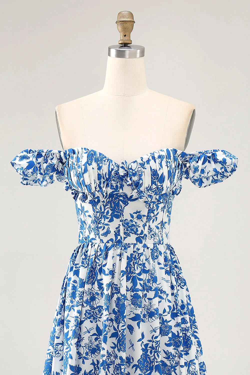 Off The Shoulder Ruffled Printed Blue Maxi Floral Dress with Slit sold by Zapaka product image thumbnail 5