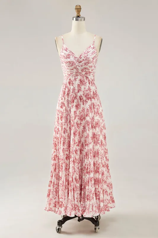 Blush Flower Pleated A Line Spaghetti Straps Maxi Dress made by Zapaka