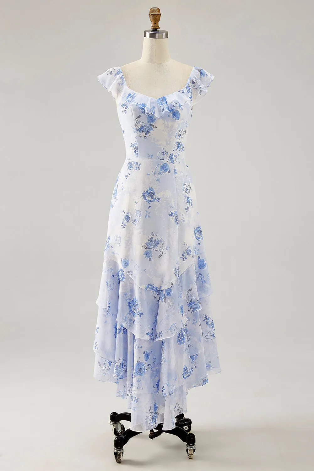 Blue Floral Printed A Line Ruffled Maxi Dress sold by Zapaka