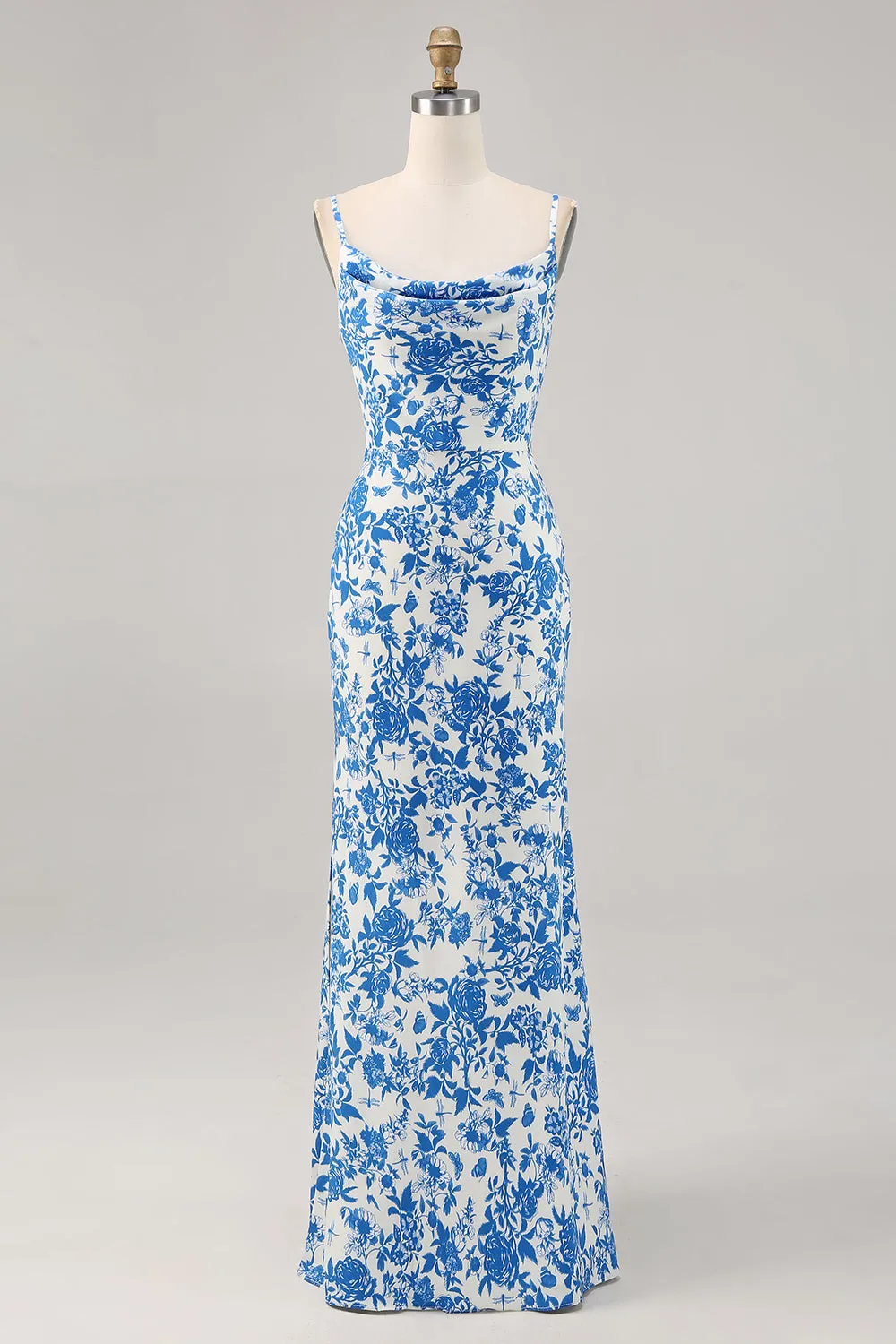 Blue Flower Cowl Neck Mermaid Maxi Dress sold by Zapaka