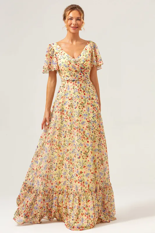 Yellow Flower Printed A-Line V-neck Short Sleeves Maxi Dress made by Zapaka