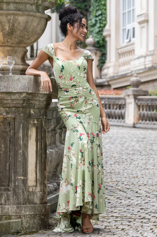 Green Large Flower Mermaid Corset Print Maxi Dress made by Zapaka