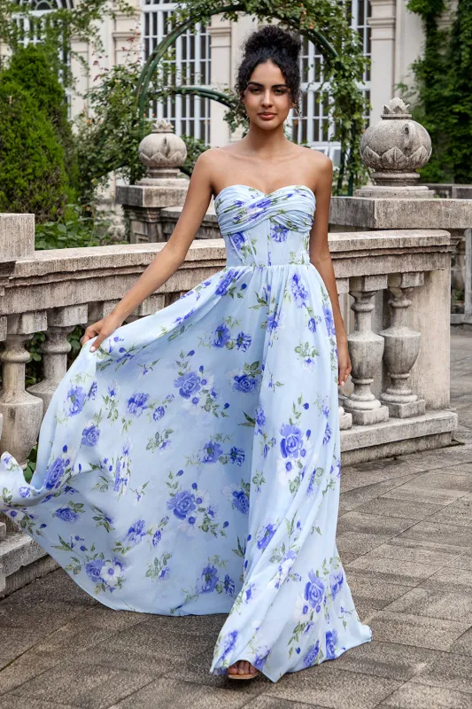 Blue Floral A Line Sweetheart Strapless Print Pleated Maxi Dress made by Zapaka