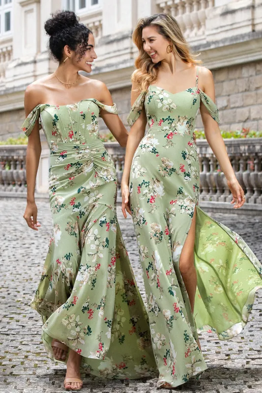 Green Flower A Line Spaghetti Straps Print Maxi Dress with Slit made by Zapaka
