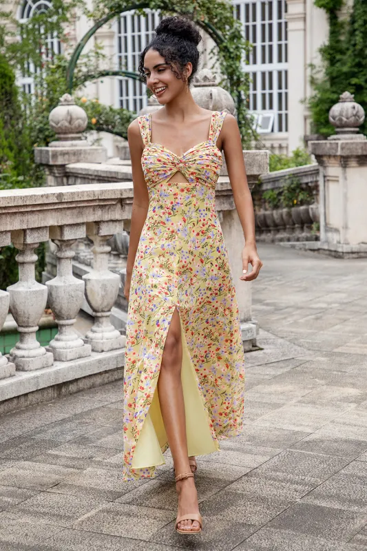 Yellow Flower A Line Print Holloe Out Corset Maxi Dress with Slit made by Zapaka