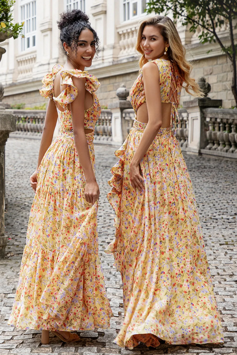 Yellow Small Flower A Line V Neck Pleated Maxi Dress with Ruffles sold by Zapaka product image thumbnail 4