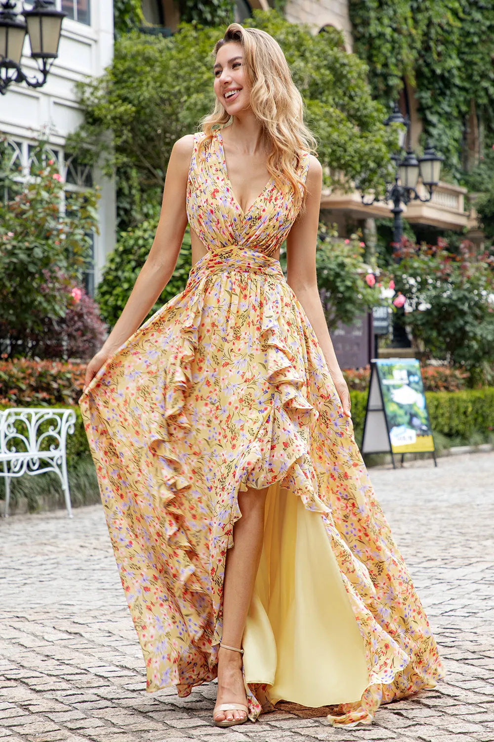 Yellow Small Flower A Line V Neck Pleated Maxi Dress with Ruffles sold by Zapaka product image thumbnail 5