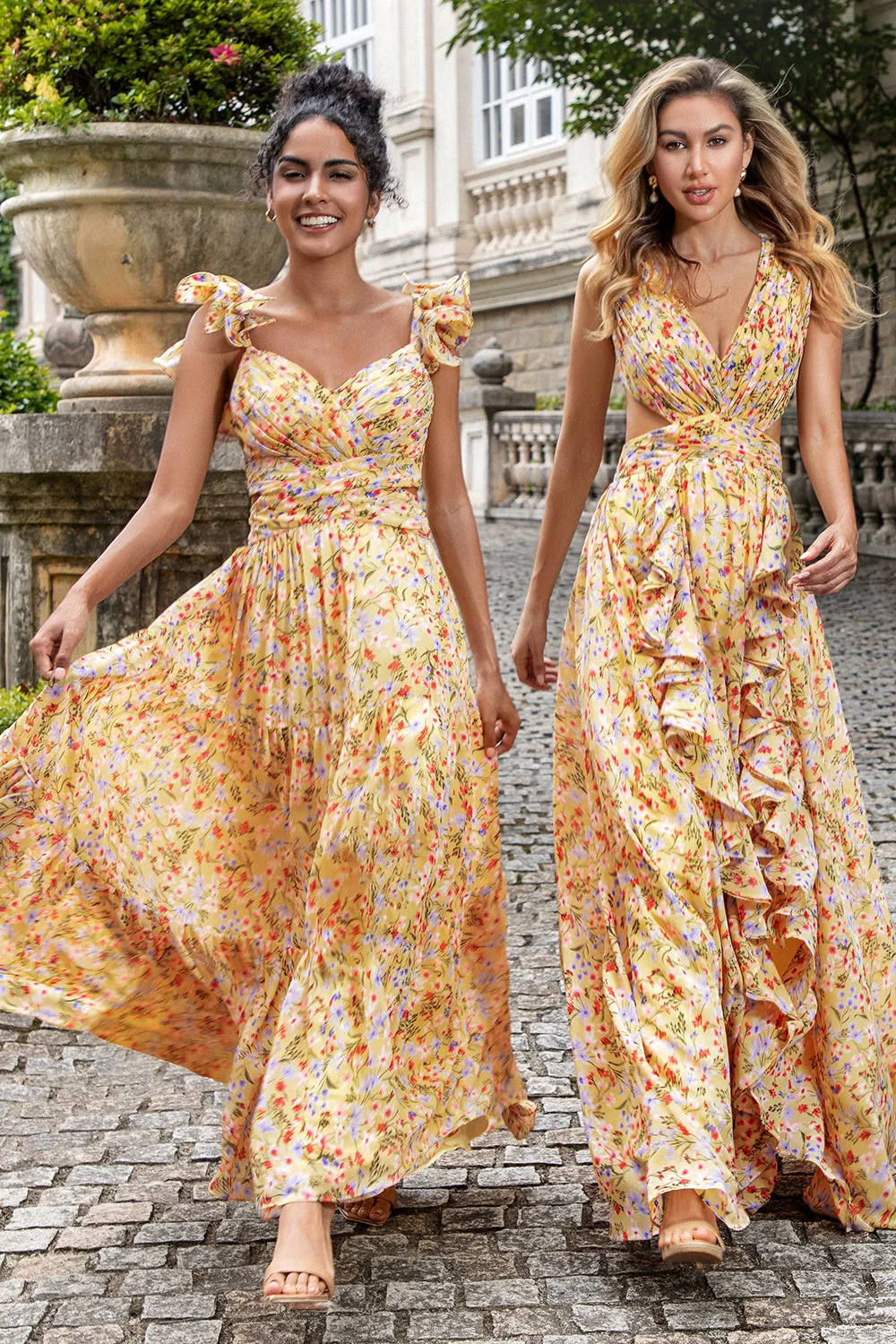 Yellow Small Flower A Line V Neck Pleated Maxi Dress with Ruffles sold by Zapaka product image thumbnail 3