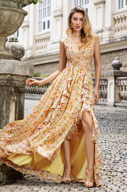 Yellow Small Flower A Line V Neck Pleated Maxi Dress with Ruffles made by Zapaka