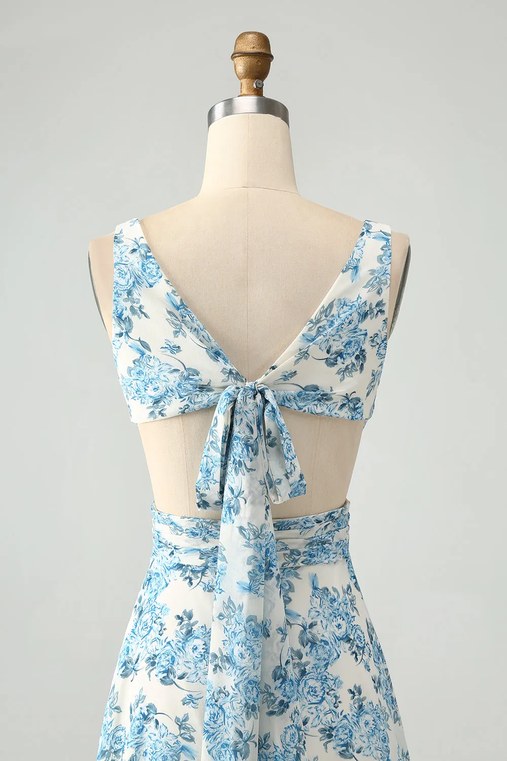 White Blue Flower A Line Ruffled High-Low Maxi Dress sold by Zapaka product image thumbnail 5