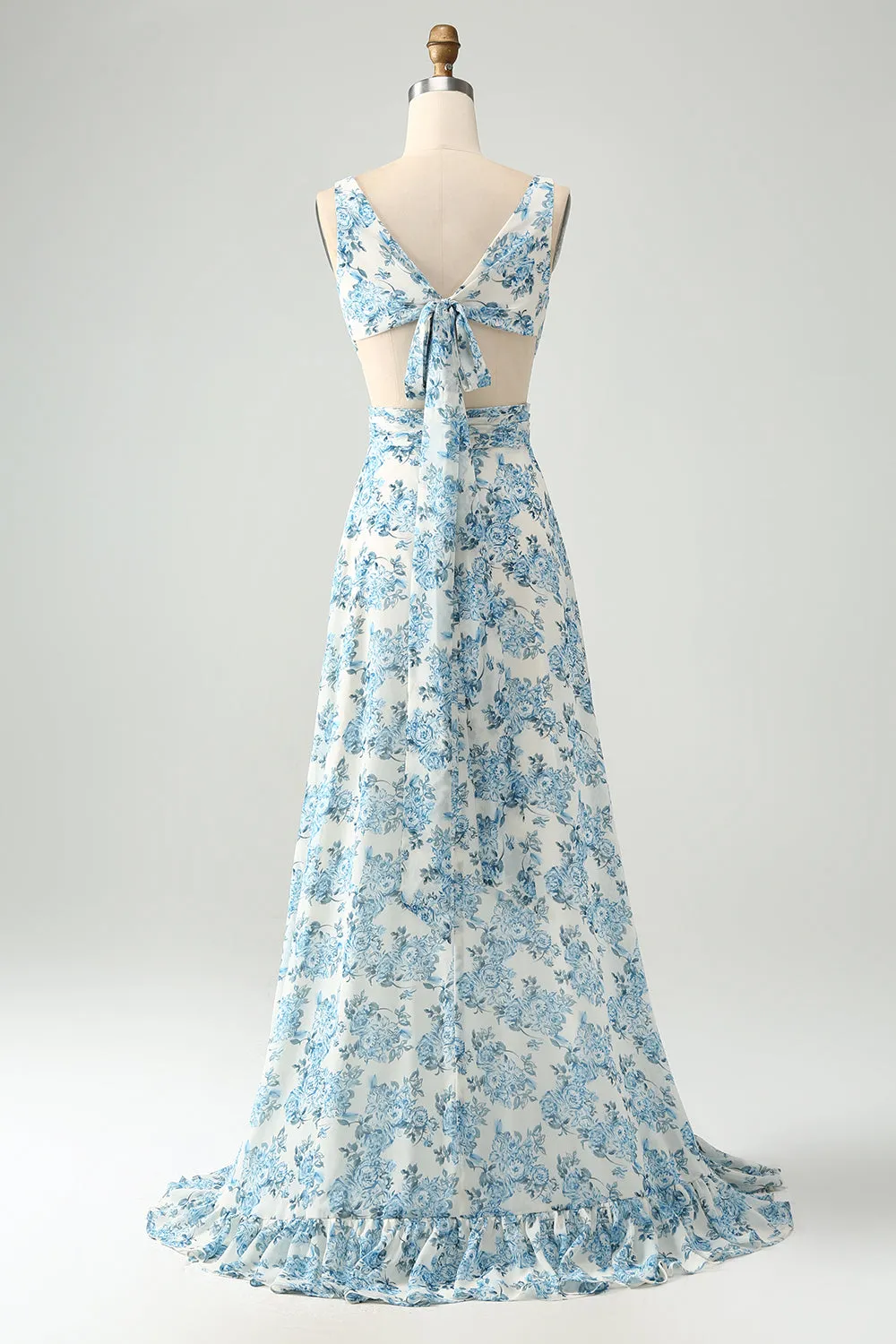 White Blue Flower A Line Ruffled High-Low Maxi Dress sold by Zapaka product image thumbnail 2