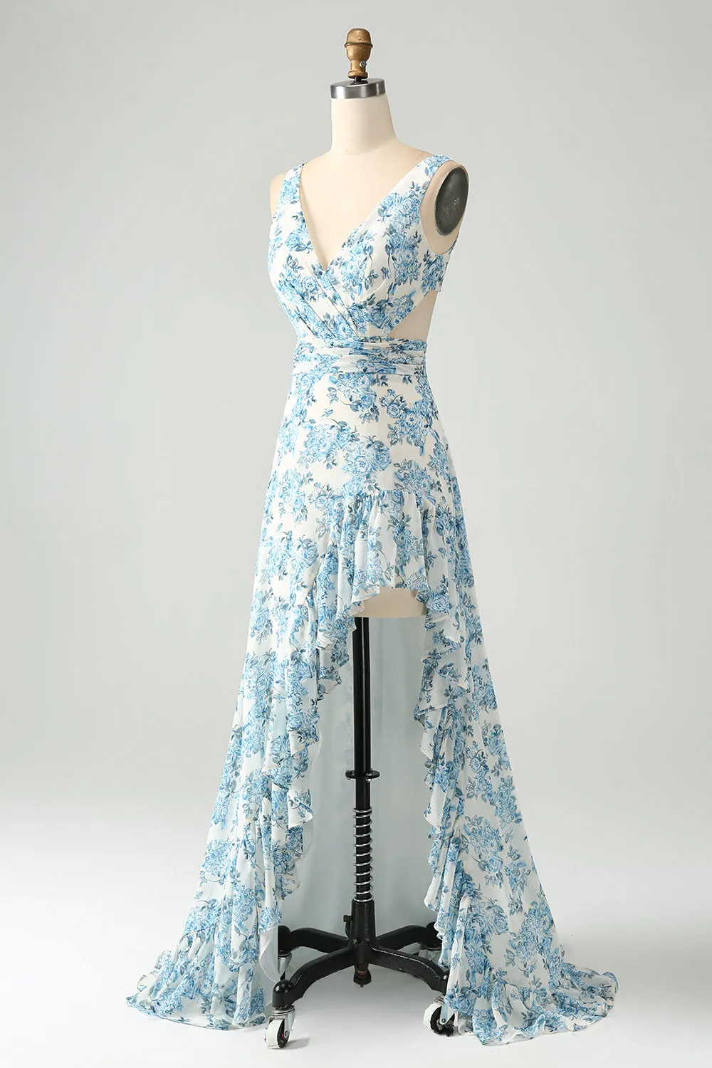 White Blue Flower A Line Ruffled High-Low Maxi Dress sold by Zapaka product image thumbnail 3