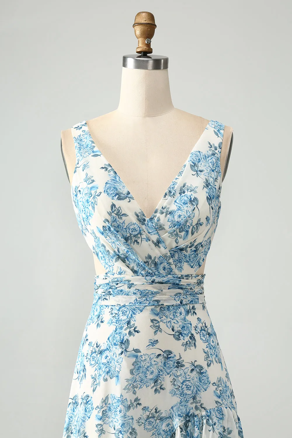 White Blue Flower A Line Ruffled High-Low Maxi Dress sold by Zapaka product image thumbnail 4