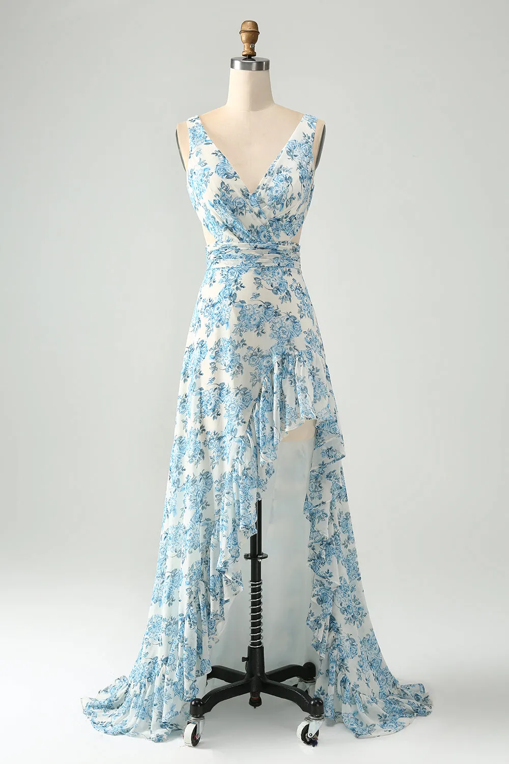 White Blue Flower A Line Ruffled High-Low Maxi Dress sold by Zapaka
