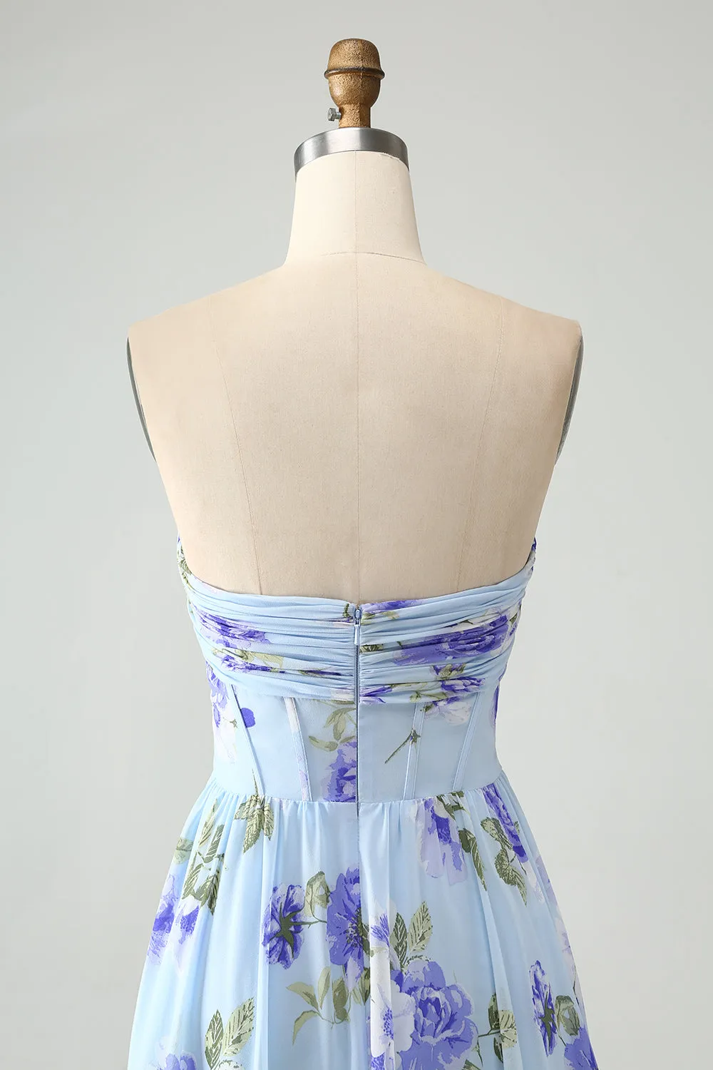 Blue Floral A Line Sweetheart Strapless Pleated Maxi Dress sold by Zapaka product image thumbnail 5
