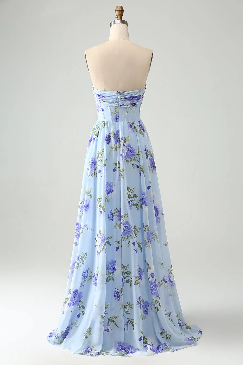 Blue Floral A Line Sweetheart Strapless Pleated Maxi Dress sold by Zapaka product image thumbnail 2
