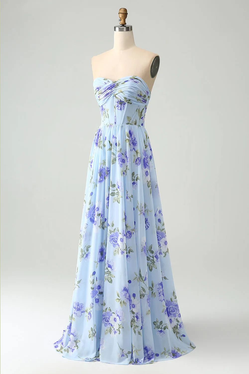 Blue Floral A Line Sweetheart Strapless Pleated Maxi Dress sold by Zapaka product image thumbnail 3