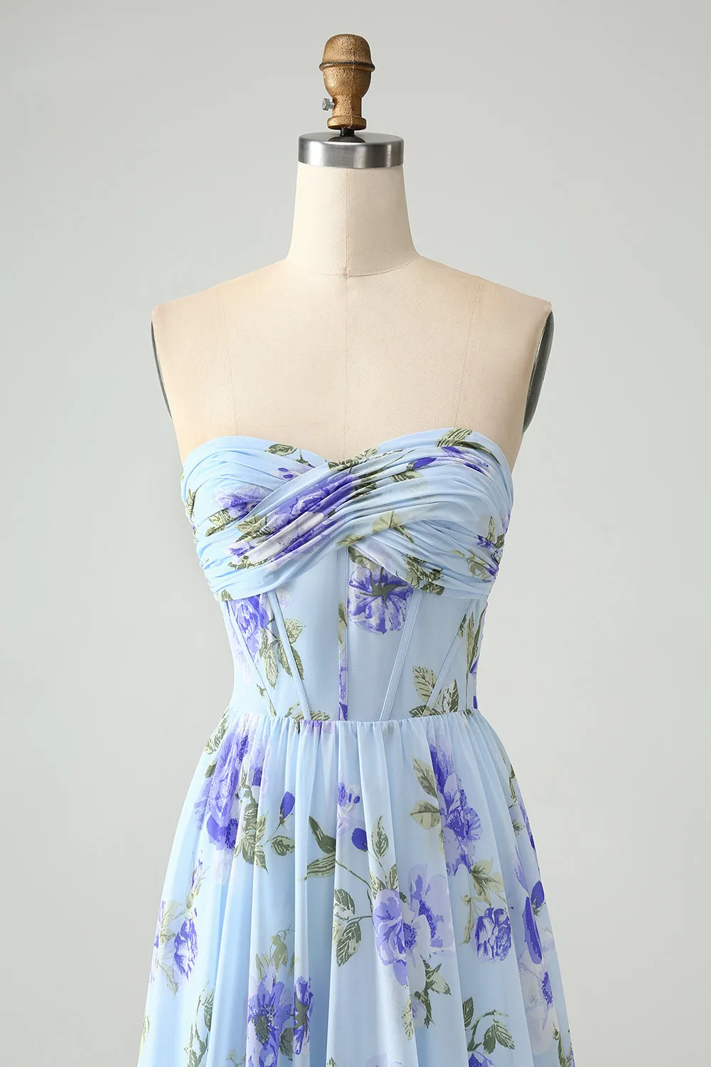 Blue Floral A Line Sweetheart Strapless Pleated Maxi Dress sold by Zapaka product image thumbnail 4