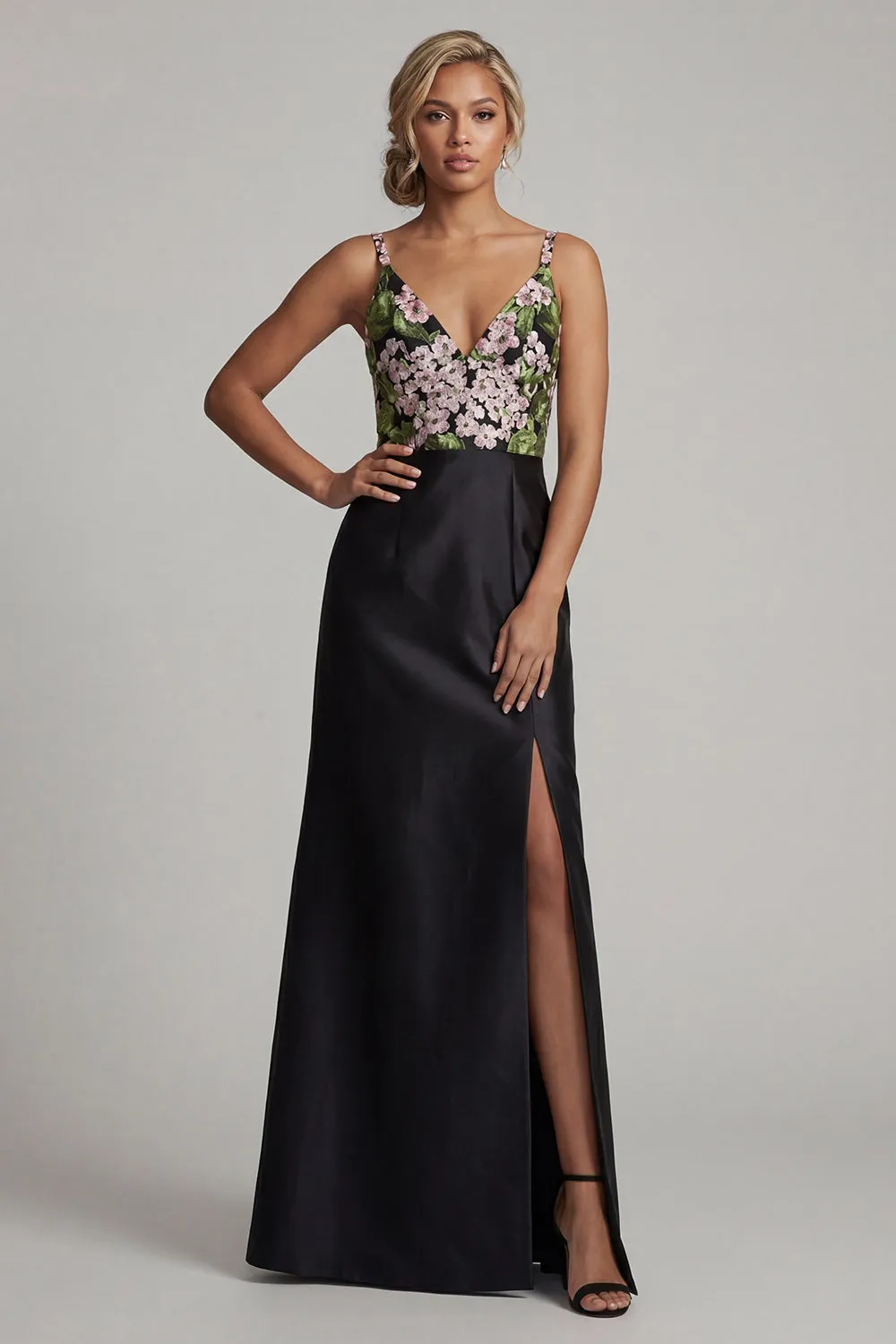 Black Long V-Neck Floral Mother of the Bride Dress with Slit sold by Zapaka product image thumbnail 3