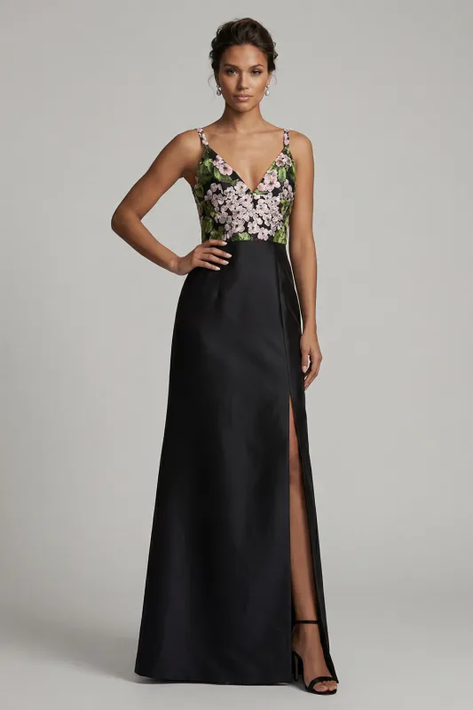 Black Long V-Neck Floral Mother of the Bride Dress with Slit made by Zapaka