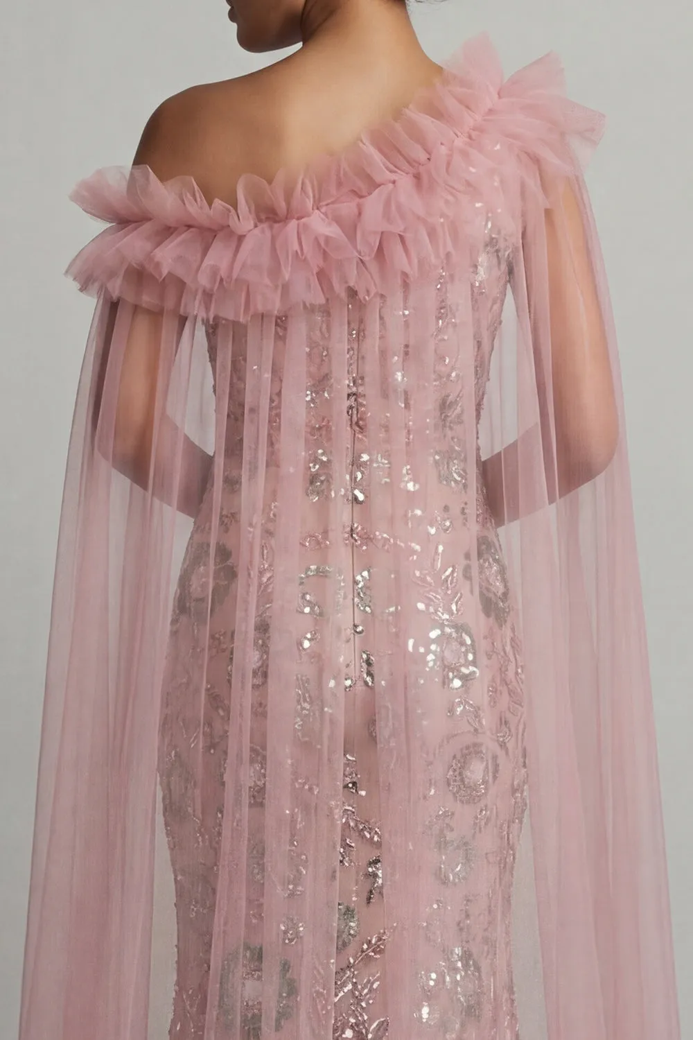 Sparkly Pink Ruffled Mermaid Beaded Long Mother of the Bride Dress with Cape sold by Zapaka product image thumbnail 5