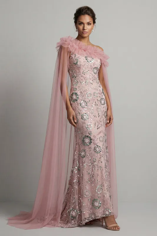Sparkly Pink Ruffled Mermaid Beaded Long Mother of the Bride Dress with Cape made by Zapaka