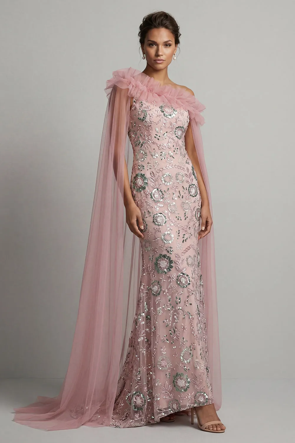 Sparkly Pink Ruffled Mermaid Beaded Long Mother of the Bride Dress with Cape sold by Zapaka