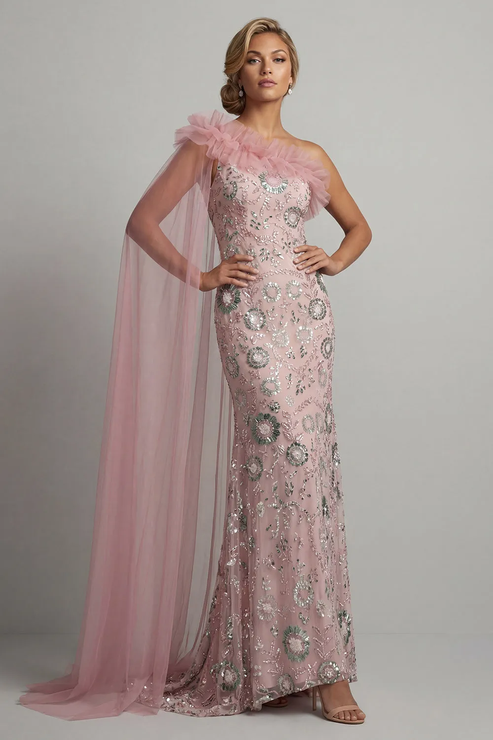 Sparkly Pink Ruffled Mermaid Beaded Long Mother of the Bride Dress with Cape sold by Zapaka product image thumbnail 3