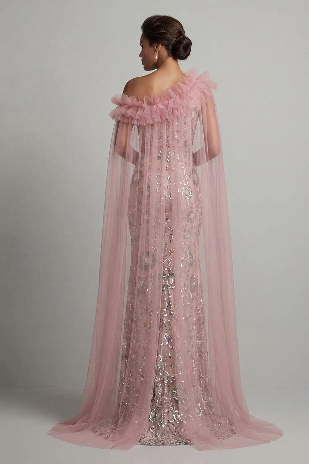 Sparkly Pink Ruffled Mermaid Beaded Long Mother of the Bride Dress with Cape sold by Zapaka product image thumbnail 2