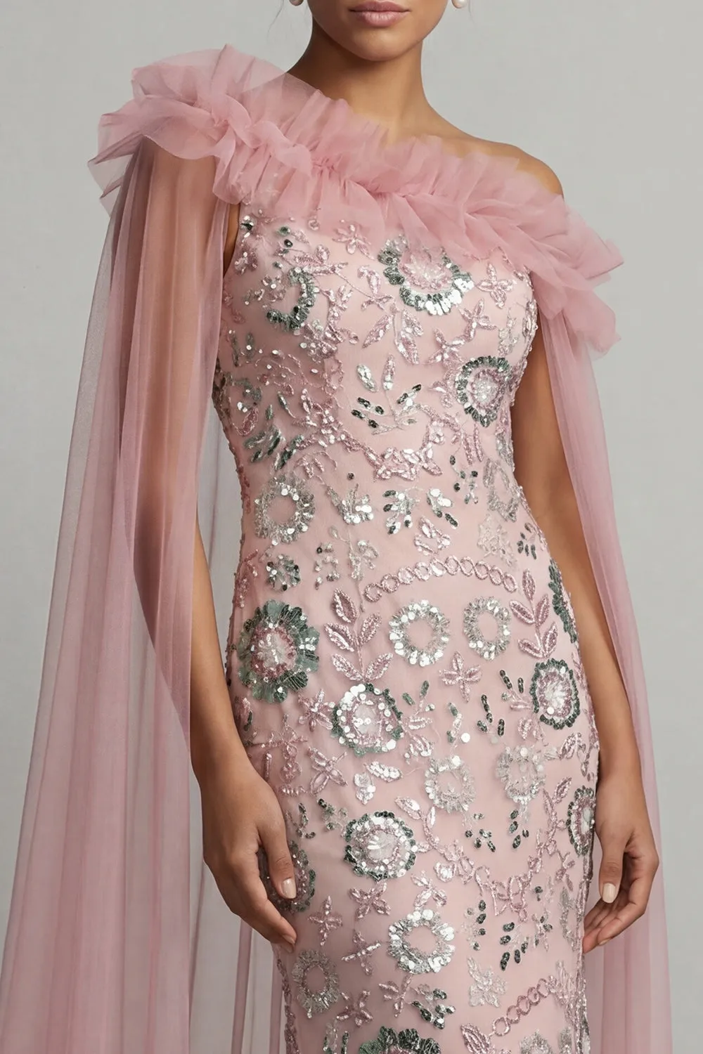 Sparkly Pink Ruffled Mermaid Beaded Long Mother of the Bride Dress with Cape sold by Zapaka product image thumbnail 4